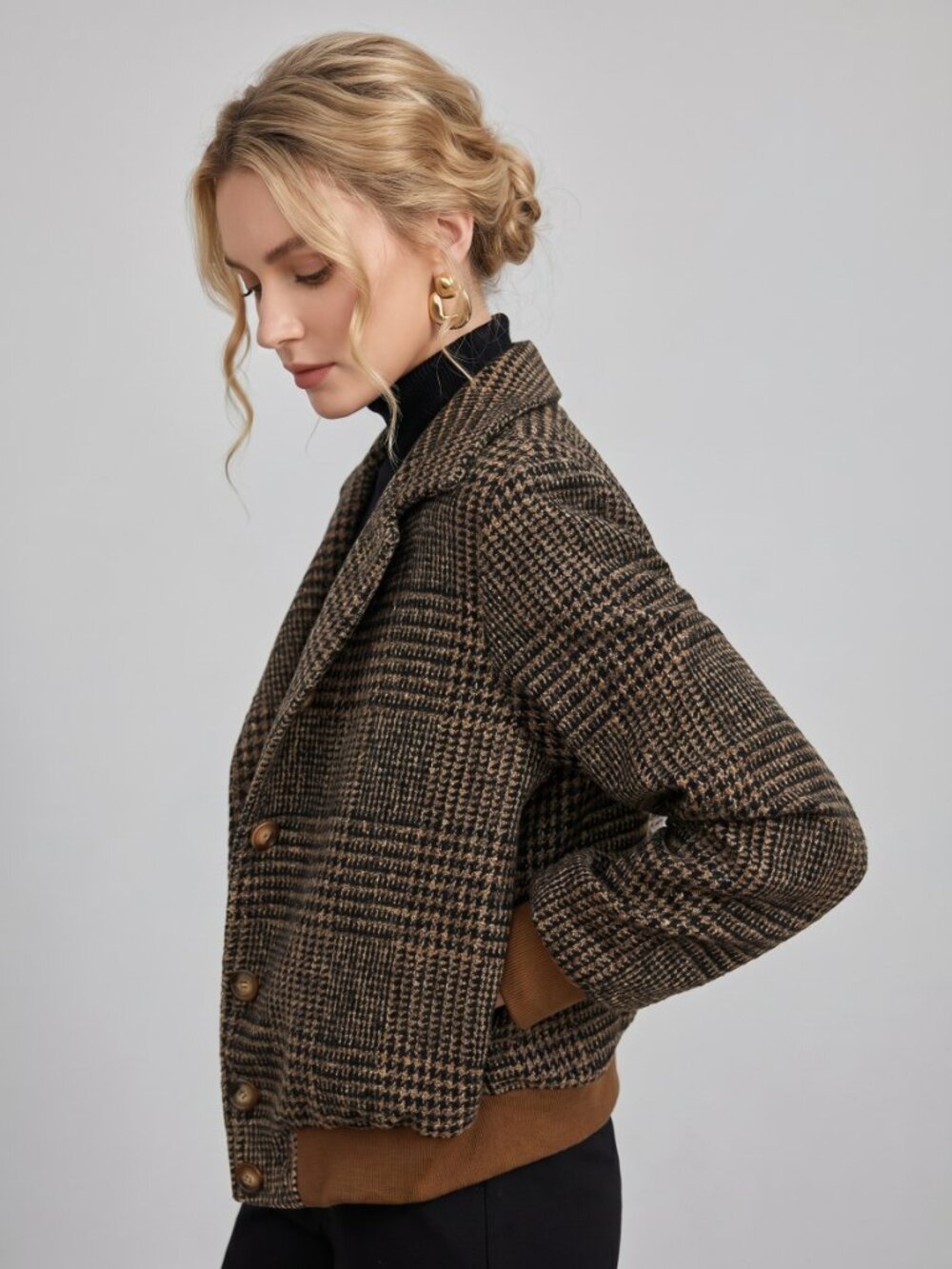 Women’s Vintage Plaid Button Jacket Chic Long Sleeve Casual Office Coat - Picture 2 of 10